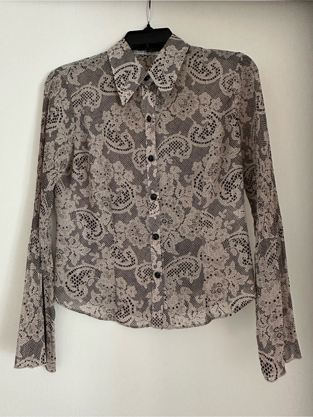 White House Black Market Black and beige Lace-Pattern Button Front Blouse